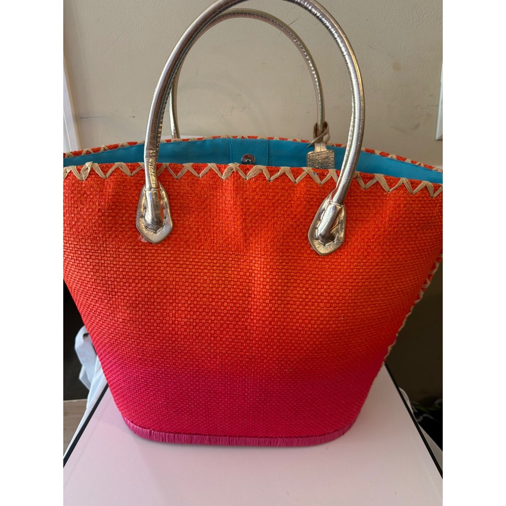 Victorias Secret Ombre Pink Orange Straw Beach Tote Bag Silver Metallic Handles